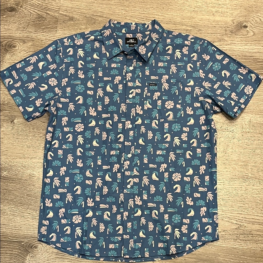 O'Neill Teal and Light Mauve Patterned Shirt Size L